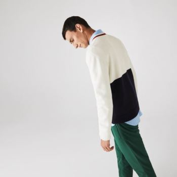 Lacoste Made in France Two-Tone Wool V-Neck Sweater - Svetr Pánské Tmavě Blankyt Blankyt / Bílé / Tm